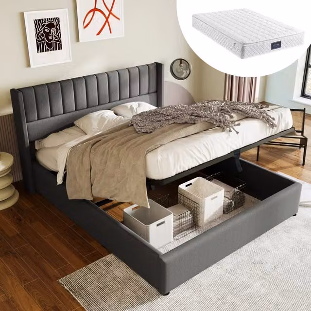 Letto contenitore matrimoniale 160 × 200 cm con materasso, vano a scomparsa e testiera imbottita in lino grigio
