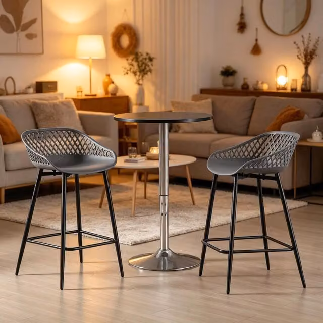 Set di 2 sgabelli da bar FOLYNA in polipropilene grigio con schienale, braccioli e poggiapiedi L/P/H: 47 x 48.5 x 84 cm