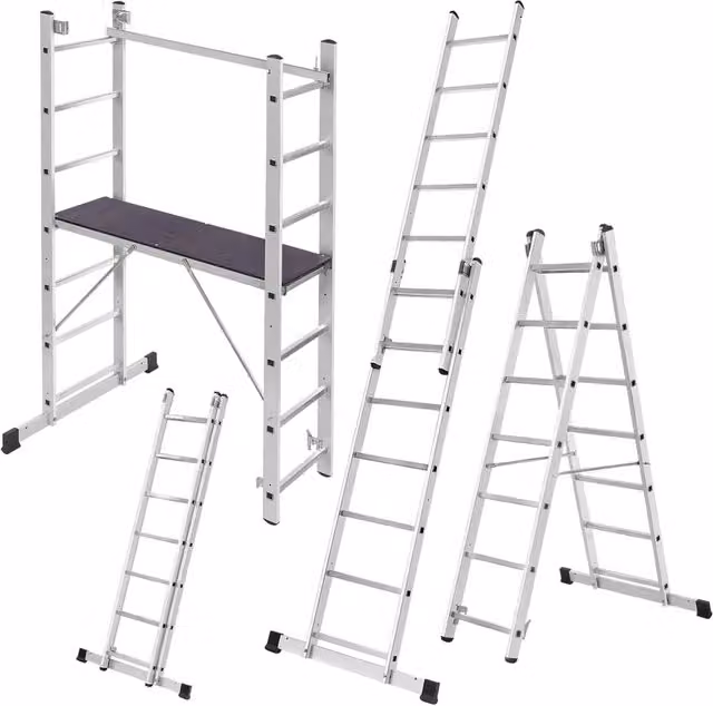 Mini Ponteggio in Alluminio Kadax 3 in 1 con 7 Gradini, Piattaforma di Lavoro Pieghevole e Scala, Colore Argento e Nero, H: 114 cm, L: 40 cm, P: 11,5 cm