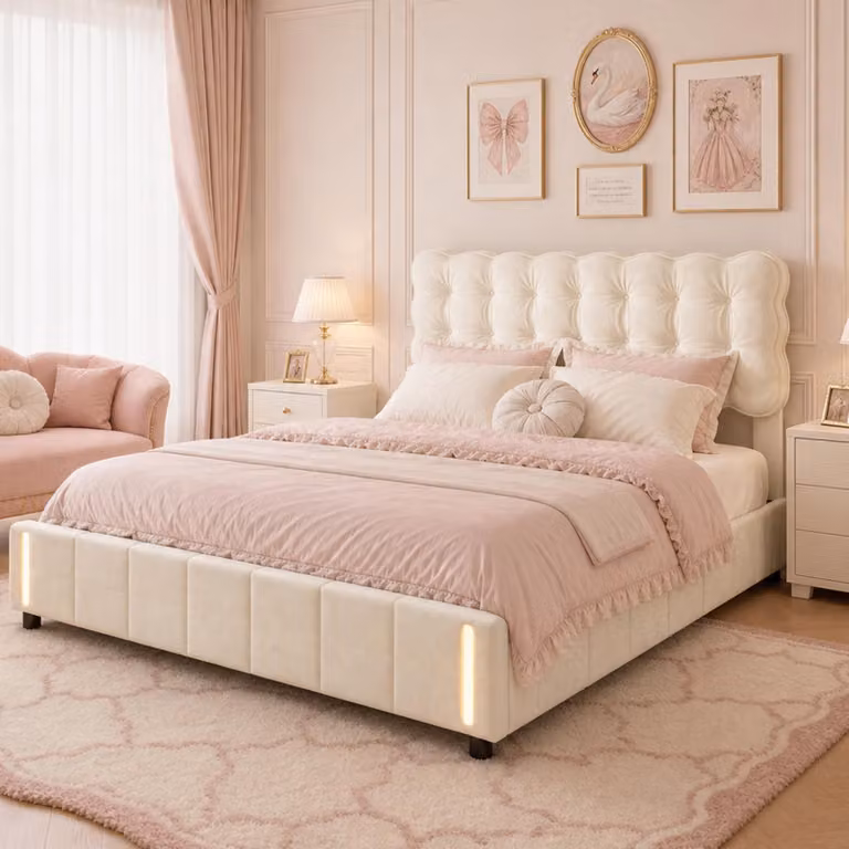 Letto imbottito INONEFT, 160x200 cm, letto con box e illuminazione a LED, letto matrimoniale con spazio contenitore ad apertura idraulica e rete a doghe, letto per ragazzi, in velluto, color beige
