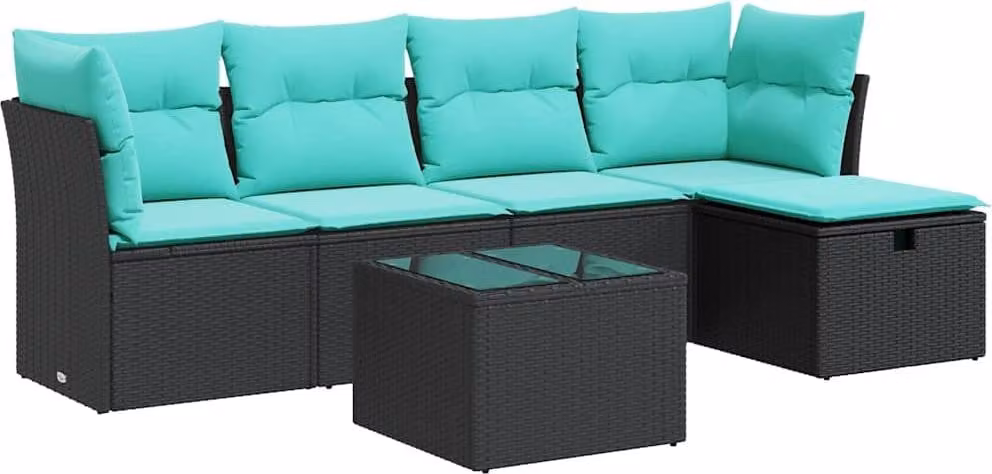 Set Divano da Giardino 6 pz con Cuscini Nero in Polyrattan