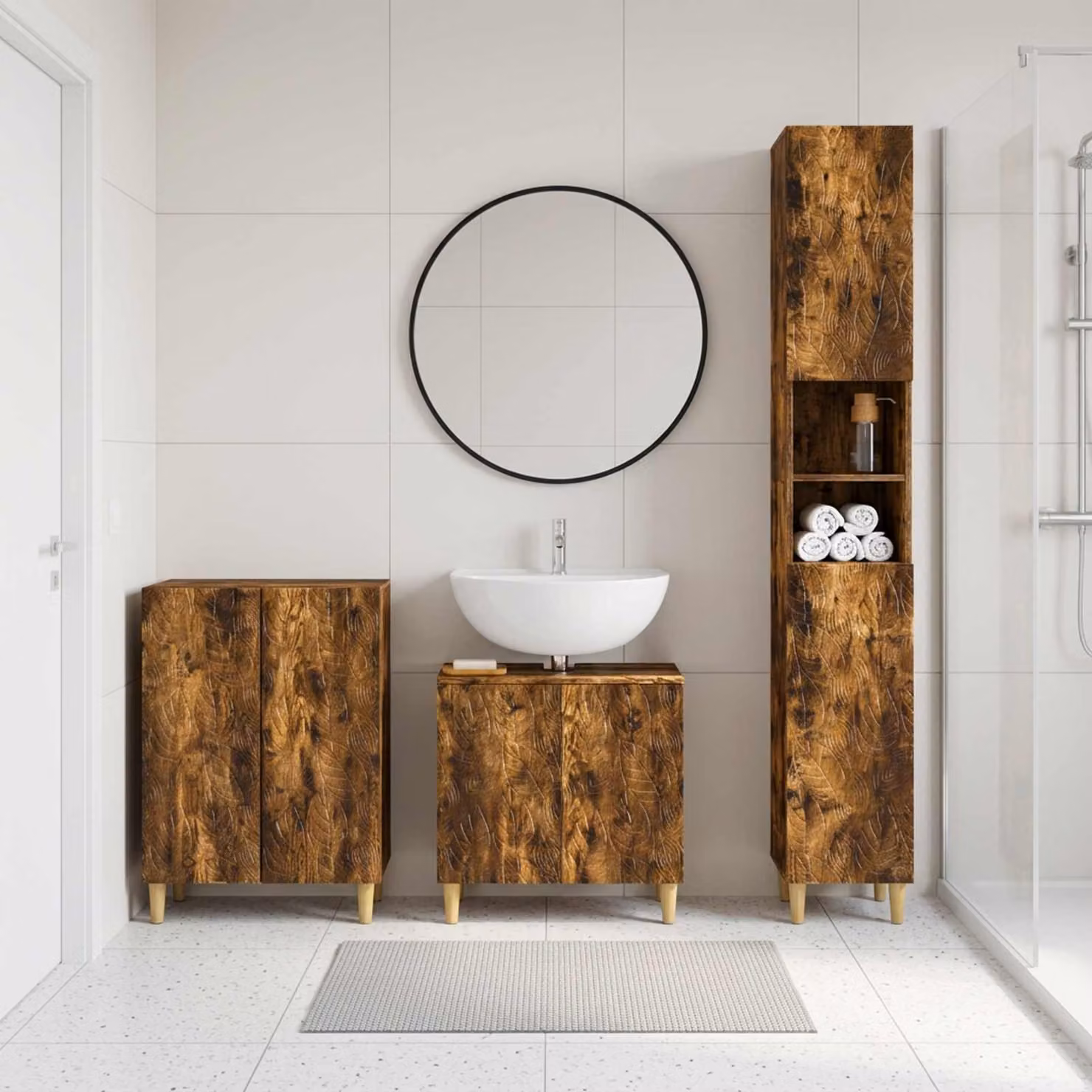 Set di 3 armadietti da bagno moderni vidaXL DELFT in legno Rovere Fumo marrone