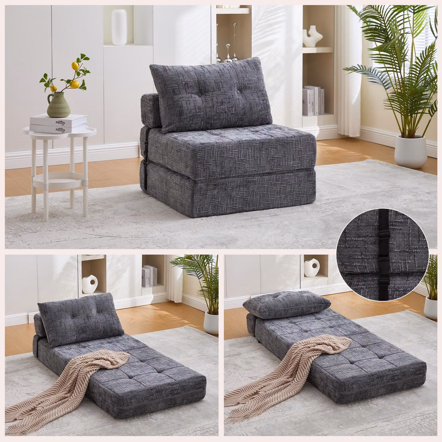 Divano letto pieghevole STILVORA, con cuscino lombare, divano a pavimento in tessuto chenille, portatile, divano letto per soggiorno o camera da letto, grigio