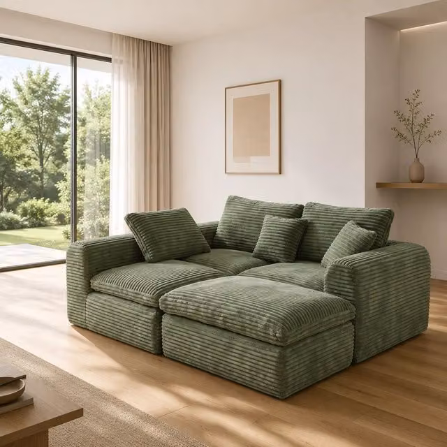 Divano modulare 3 in 1 convertibile a L con seduta profonda e rivestimento in velluto a coste verde