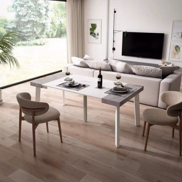 Consolle allungabile, 180x90x73cm, Per 8 persone, Gambe in legno, Bianco e grigio cemento RF2988