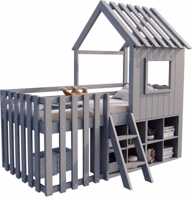 Letto casetta per bambini 90x200 cm in legno massello; con tetto; finestra; scala e contenitori; grigio