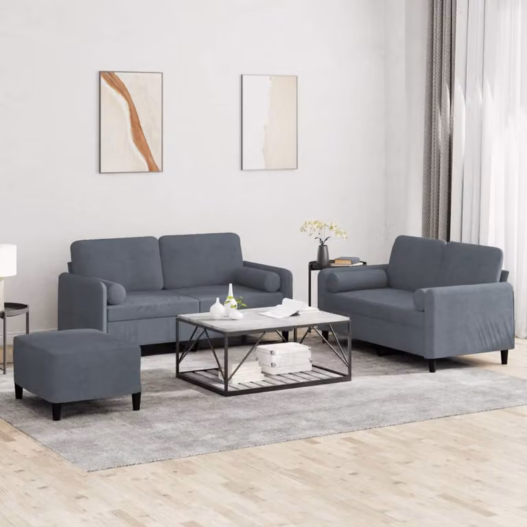 Set di divani 3 pezzi vidaXL in velluto grigio con cuscini per soggiorno in stile moderno
