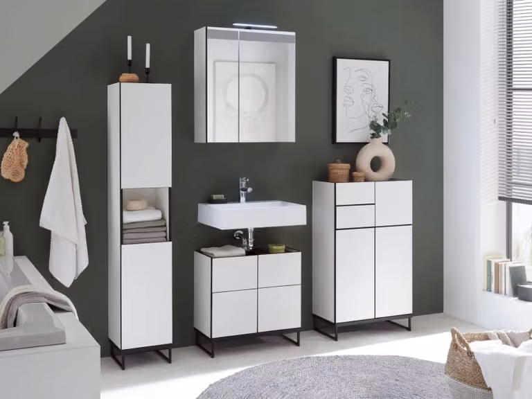 Set di mobili da bagno VENEZIA 60 cm bianco opaco Armadio alto Armadio a specchio Wbu Set di mobili alti 1