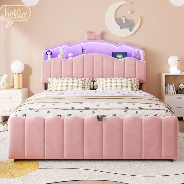 Letto per Bambini 140x200 cm Imbottito in Velluto Rosa con Contenitore Idraulico; Testiera a Fiocco LED e Prese USB