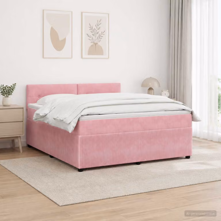 Letto box spring con materasso vidaXL in velluto rosa e bianco, L/P/H: 140 x 190 cm