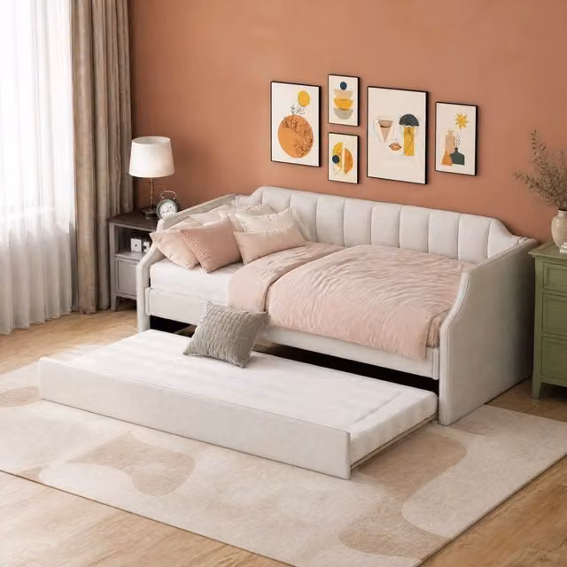 Letto da giorno singolo con letto estraibile 90 x 200 cm; beige