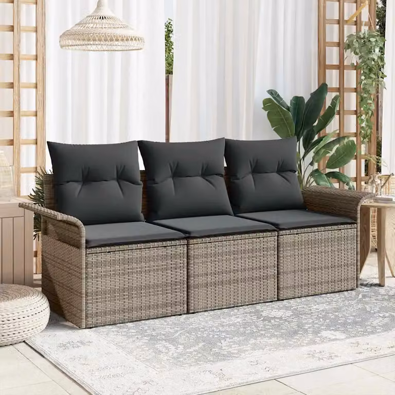 Set Divano da Giardino vidaXL 3 Pezzi in Rattan Grigio con Cuscini Imbottiti e Struttura in Metallo