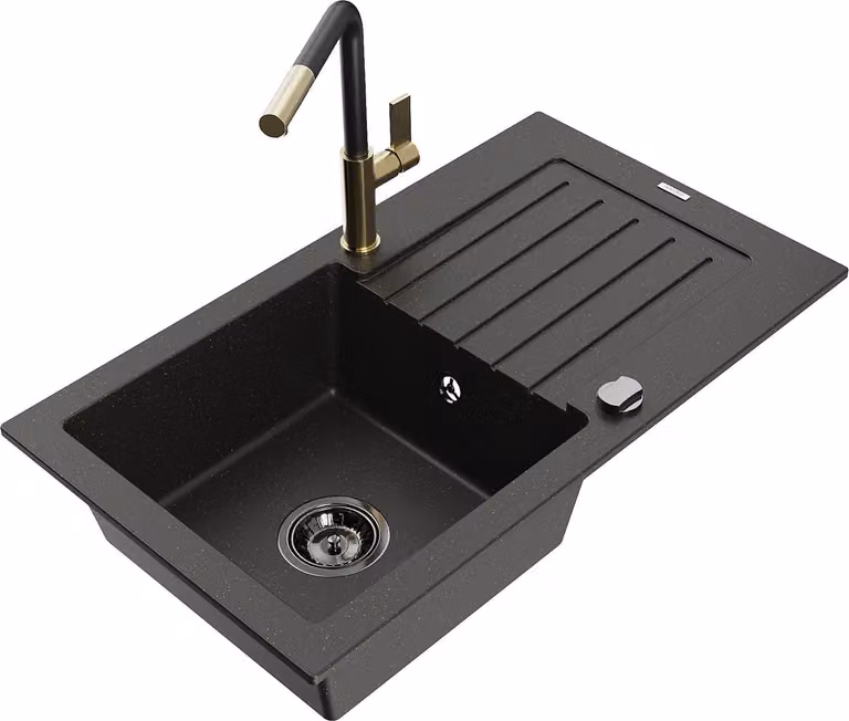 Mexen Pablo lavello in granito 1-vasca con scolapiatti e miscelatore cucina Flora, nero/oro metallico - 6510-75-670401-57-B