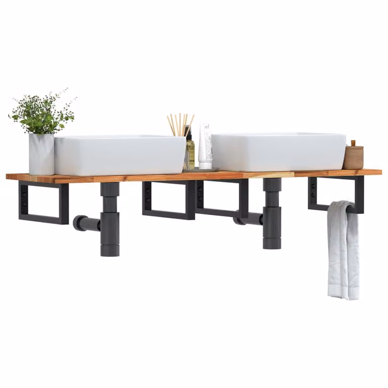 vidaXL Ripiano a Parete per Lavabo in Legno di Acacia Oliato e Metallo, L 120 x P 40 x H 17 cm, Nero e Marrone