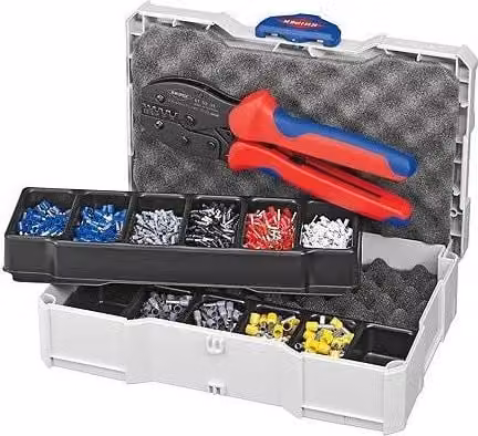 Knipex 97 90 23 Assortimento di capicorda con pinza PreciForce 97 52 38 e terminali preisolati in contenitore TANOS MINI-systainer Nero e multicolore