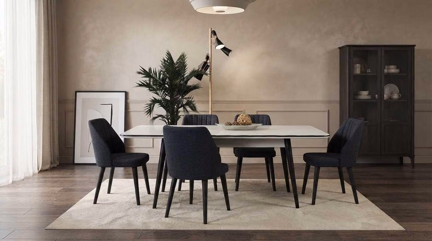 Set tavolo e sedie, beige e grigio, design moderno ed elegante, ideale per la sala da pranzo