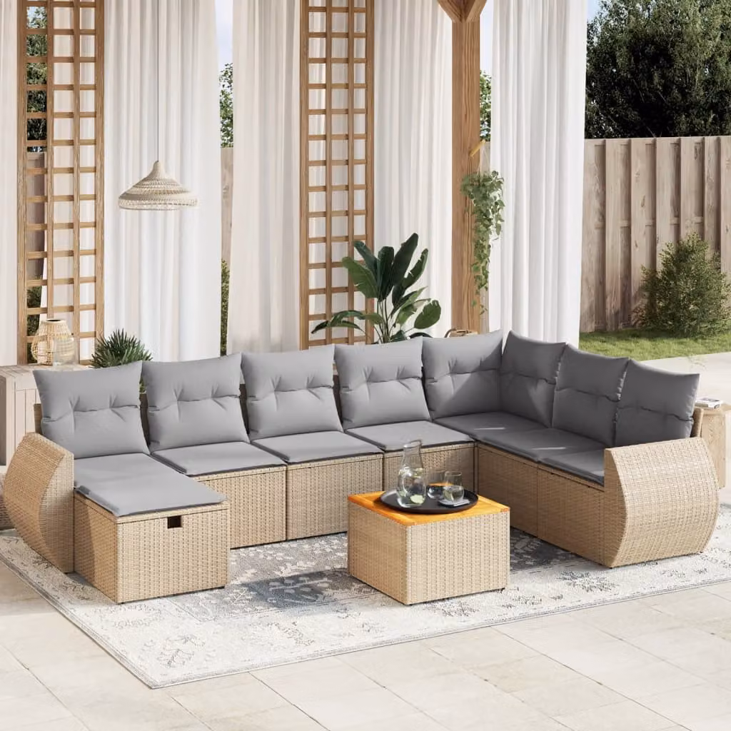 vidaXL Set Divano da Giardino a L 9 pz con Cuscini Beige e Grigio in Polyrattan e Acciaio – 1