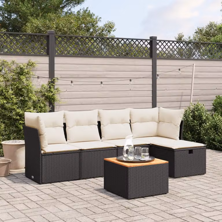 vidaXL Set Divano da Giardino a L 6 pz con Cuscini e Tavolino, Nero e Bianco, in Polyrattan con Struttura in Acciaio Verniciato a Polvere