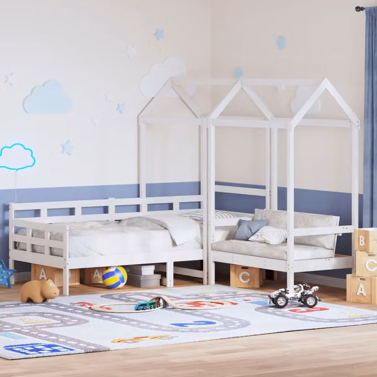 Set Letto a Casetta con Panca vidaXL in Legno di Pino Massello Bianco per Bambini L: 200 cm, P: 80 cm, H: 220 cm