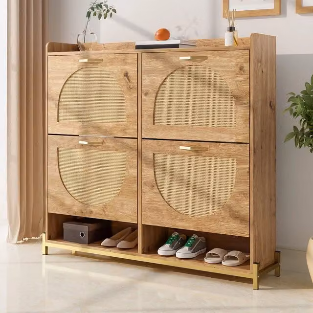 Scarpiera Minimal con 4 Ante in Rattan e Legno Marrone con Ripiani Interni e Struttura in Metallo