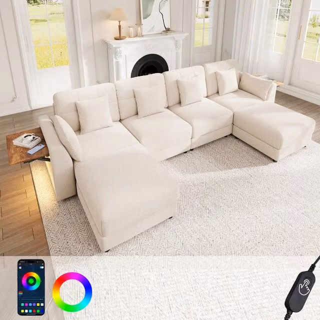 Divano angolare estraibile con poggiapiedi e cuscini ¨C Minimal ¨C colore beige tessuto chenille