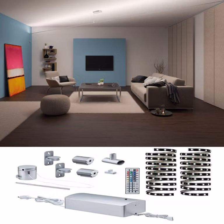 Set di strisce LED Paulmann Function Flying Stripe, RGB, 6 metri, 26,5W, 230/12V, 48VA, colore bianco/alluminio, materiale: plastica