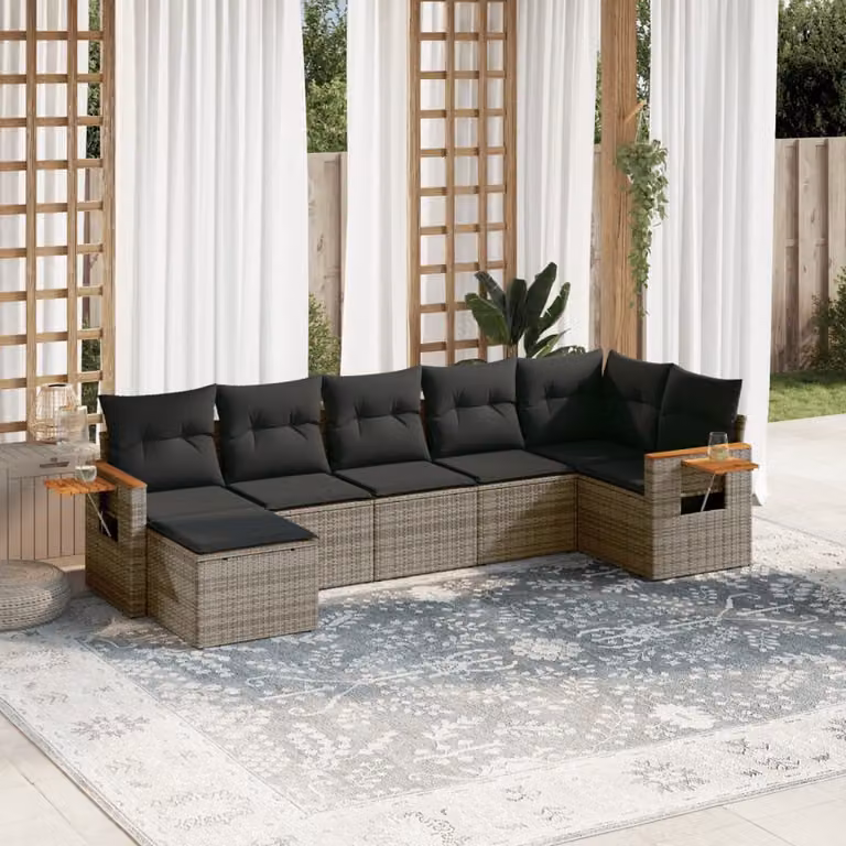 vidaXL Set Divani da Giardino a L 7 pz in Polyrattan Grigio con Cuscini e Coperture Rimovibili