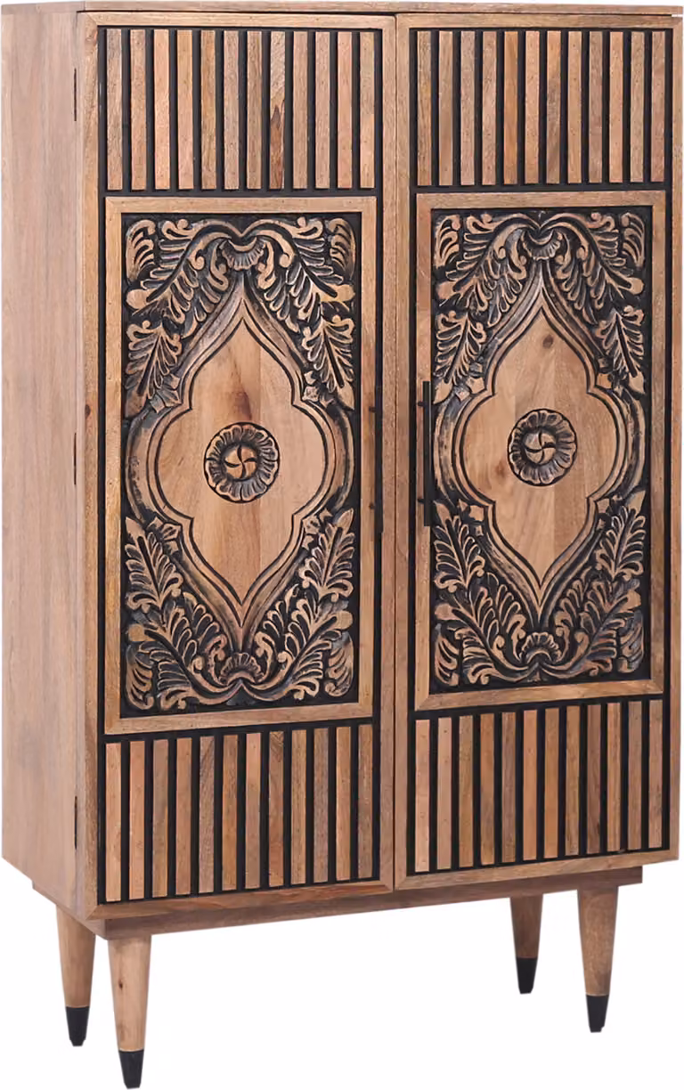 Armadio Adamina - legno massiccio, intagliato a mano, 150 cm, stile boho e metà secolo