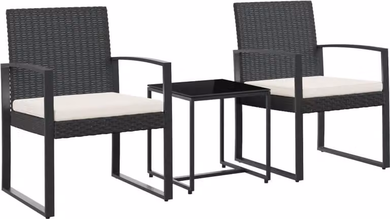 Set da Pranzo da Giardino 3 pz Nero con Cuscini in Rattan PP