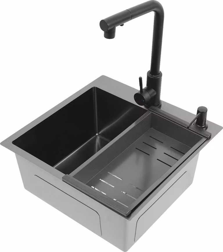 Lavello da cucina, acciaio inox, rubinetto estraibile, nero