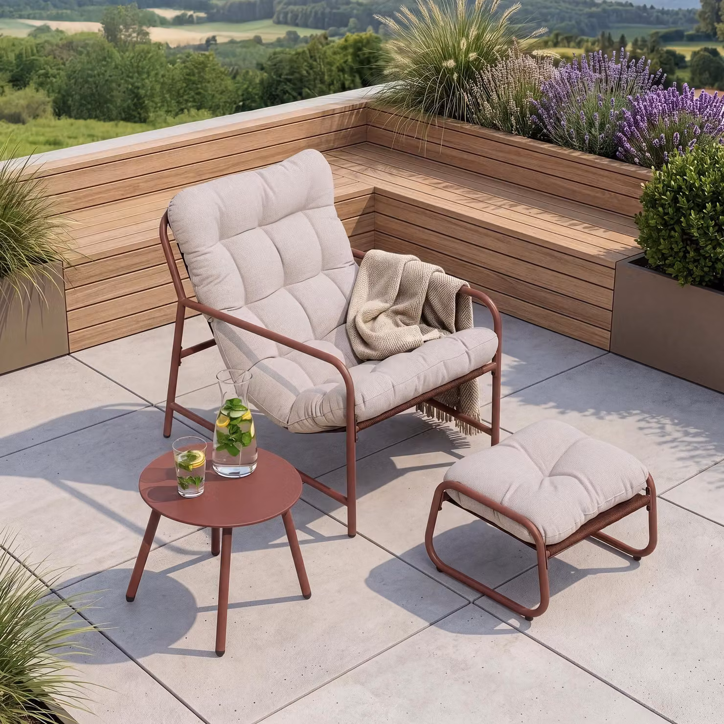 Set di mobili da giardino "Trerdfjoa" composto da: sedia da giardino, tavolo da giardino e poggiapiedi. Struttura in metallo, colore: ruggine/grigio