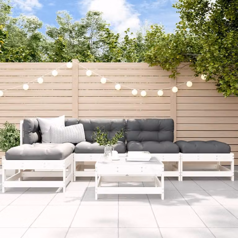 Set di divani da giardino vidaXL a forma di L composto da 6 pezzi in legno massello di pino bianco con cuscini imbottiti antracite