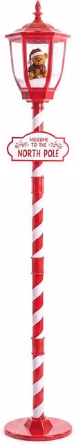 Lampione Natalizio Rosso 180 cm con Neve, Luce LED e Musica, 2 Varianti Babbo Natale o Orsetto, Effetto Palla di Vetro, Addobbo di Natale da Terra