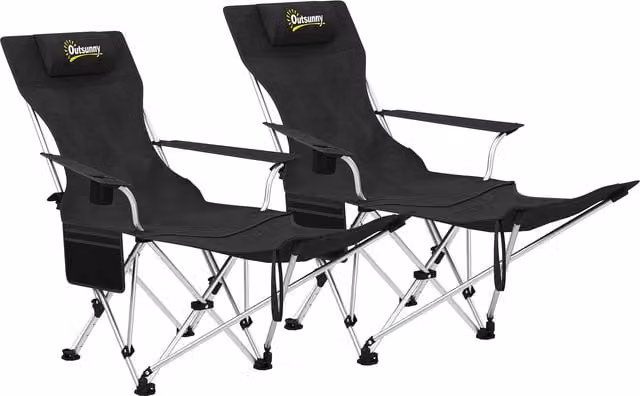 Set di 2 sedie da campeggio pieghevoli Outsunny con poggiapiedi staccabile e portabicchieri, Nero, H 82-100 x L 50 x P 50 cm