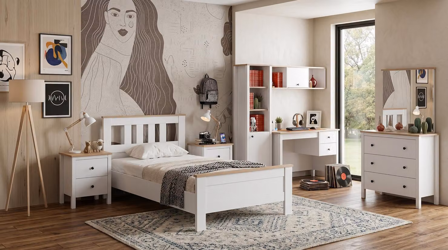 Letto, comò, comodini, scrivania e libreria moderni, in stile minimalista e di colore bianco, ideali per una camera da letto giovanile