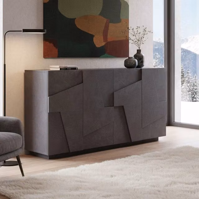 Credenza moderna a 4 Augusto, Made in Italy, Madia da cucina, Buffet di design da soggiorno, cm 162x44h86, Grigio Cenere