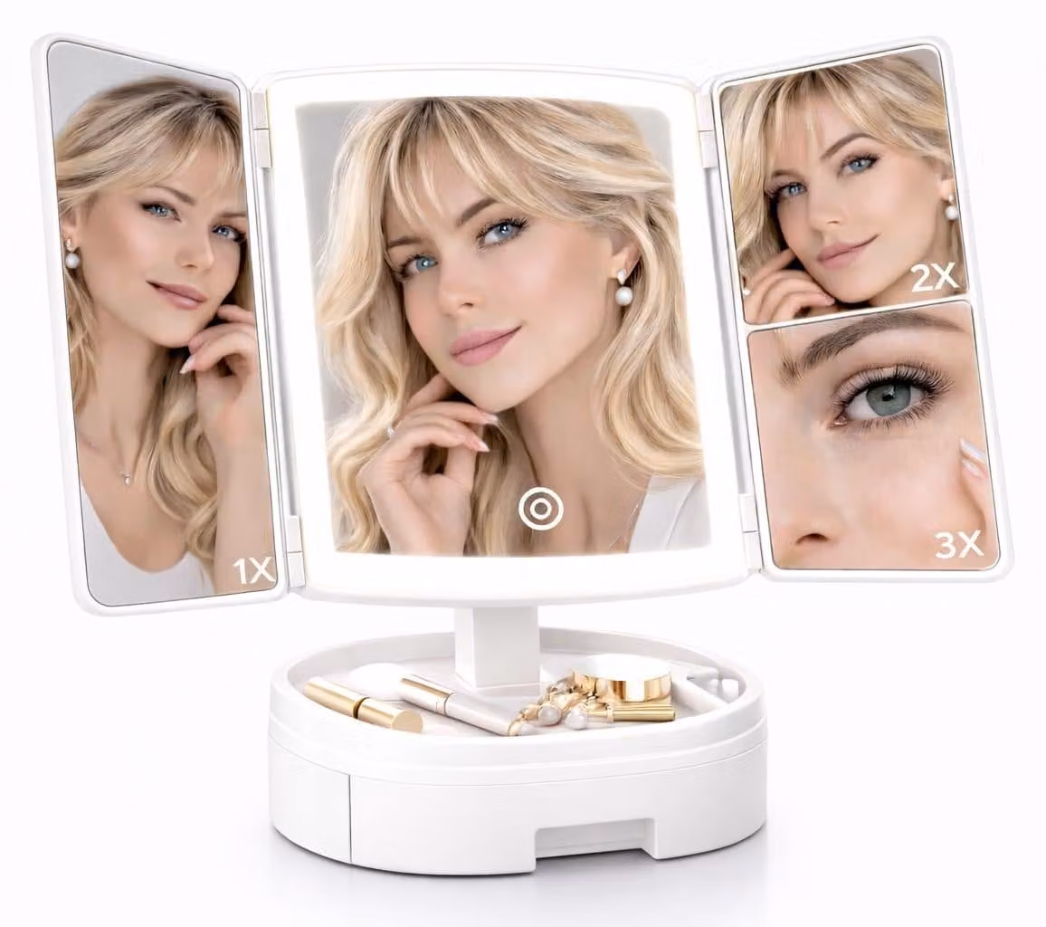 Specchio da trucco LED, 3 colori, ingrandimento 1x/2x/3x, pieghevole, bianco