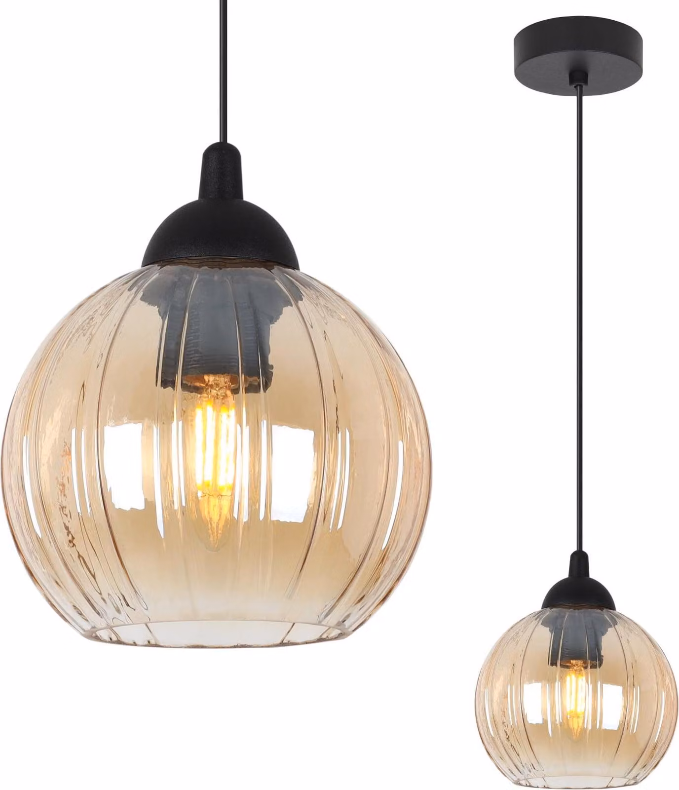 Costa Lampada a sospensione nera – Lampada a sfera in vetro color miele a 1 luce E27