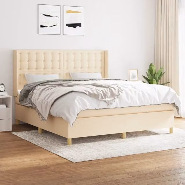 Letto Ibrido vidaXL con Giroletto a Molle e Materasso in Tessuto Beige e Bianco L/P/H: 180 x 200 x 203 cm
