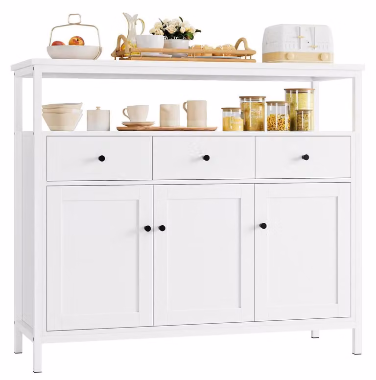 Mobile contenitore con 3 cassetti e 3 ante, adatto per la cucina, tipo credenza, colore bianco, dimensioni 108x38x98,5 cm