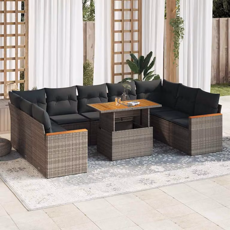Set da giardino vidaXL a forma di L composto da 10 pezzi con cuscini grigi in polyrattan e legno di acacia