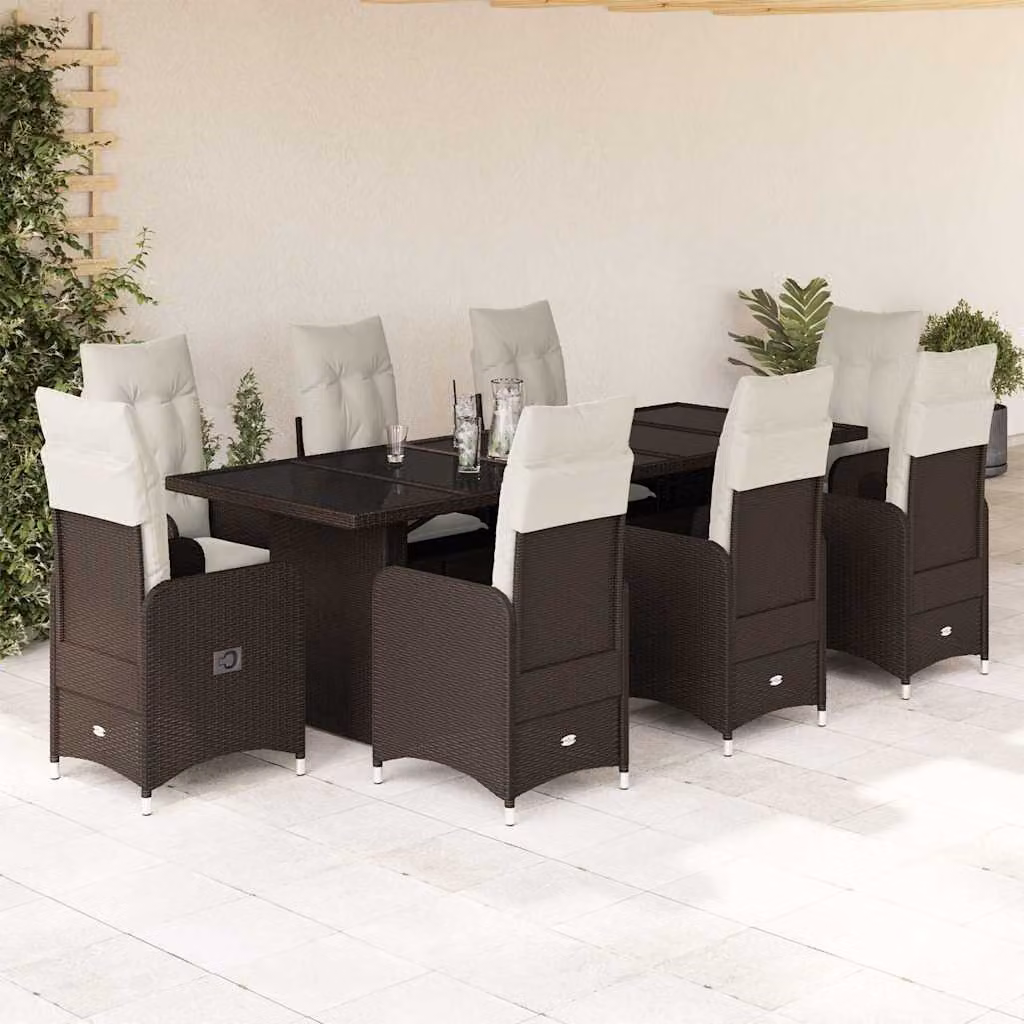 Set Bistrò da Giardino e Balcone vidaXL 9 pz in Polyrattan Marrone con Cuscini e Piano in Vetro