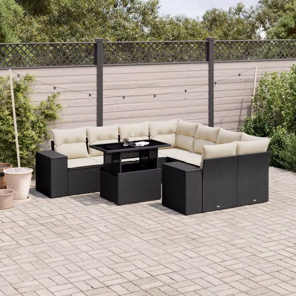 vidaXL Set Divani da Giardino a L 9 pz in Polyrattan Nero con Cuscini e Tavolino da Esterno – 1