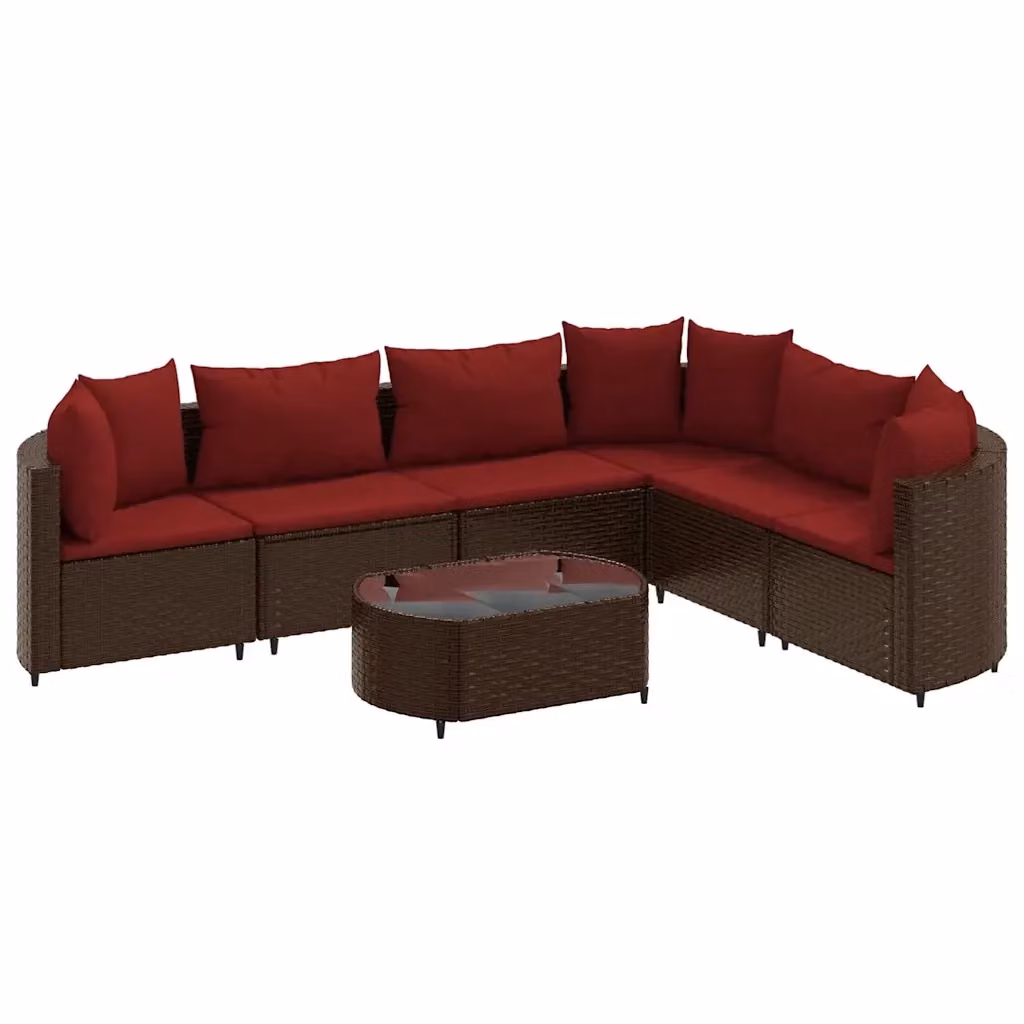 vidaXL Set Divani da Giardino 7 pz a Forma a L con Cuscini Marrone e Rosso in Polyrattan e Metallo – 2
