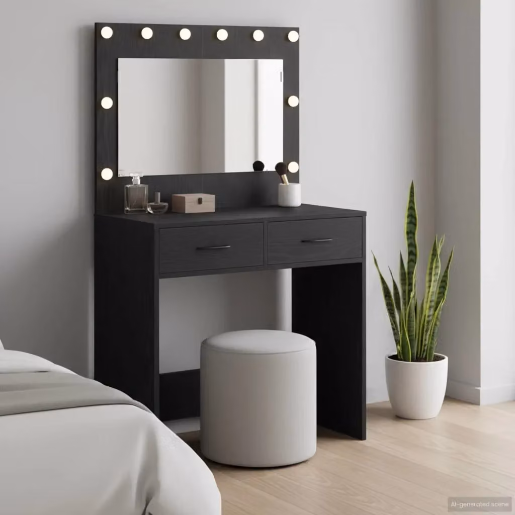 Toeletta Hollywood LED con cassetto in Rovere Nero, L: 78,5 cm, P: 41 cm, H: 135 cm – 2