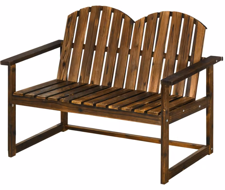 Panca da giardino Outsunny, modello a 2 posti, realizzata in legno con schienale, braccioli e finitura carbonizzata