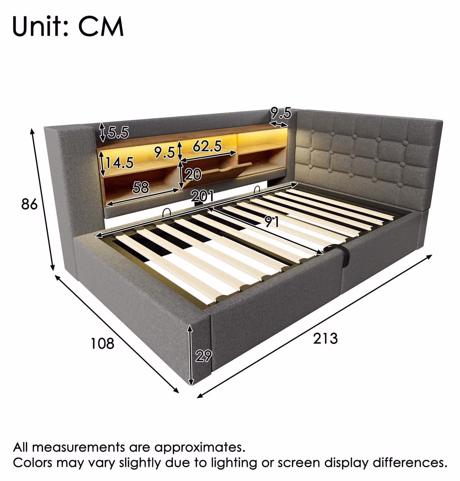 Letto imbottito singolo 90x200, con illuminazione LED, spazio contenitore idraulico, testiera a forma di "L" con spazio contenitore, reversibile, rete a listelli, biancheria da letto (o senza biancheria da letto).