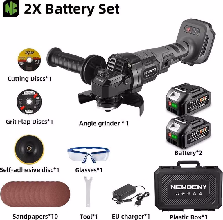 Smerigliatrice angolare 125 mm - Batteria senza spazzole - 3 livelli - 2 batterie da 18 V incluse - Filettatura mandrino M14 - Per la lavorazione del legno - Bianca