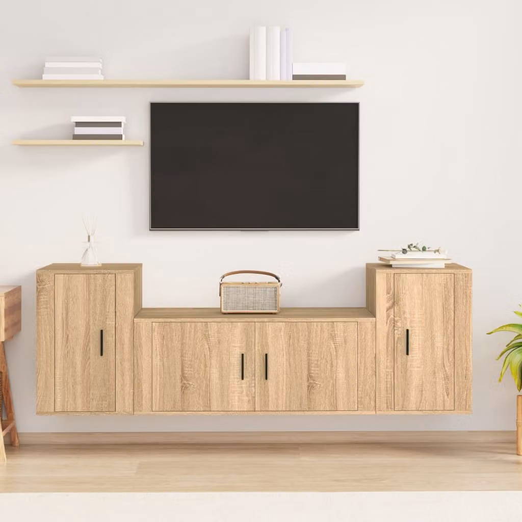 Set di mobili porta TV 3 pezzi vidaXL in legno multistrato color rovere sonoma per soggiorno moderno con montaggio a parete