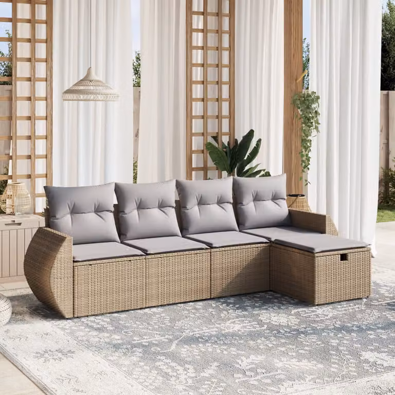 Set Divano da Giardino a L vidaXL 5 pz con Cuscini Beige e Grigio in Polyrattan e Metallo